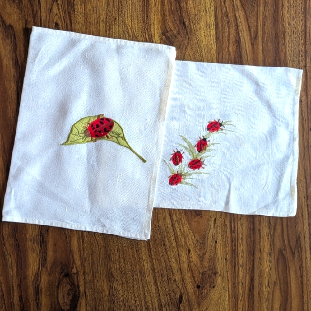 2 Vintage Ladybug Embroidered Applique Napkins Finger Tip Tea Towels Linen Cotto